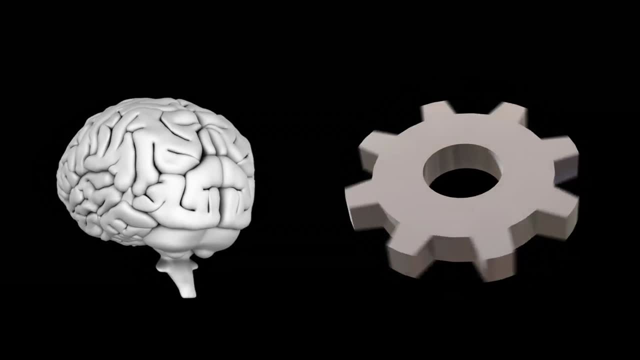Animation of cog and human brain over data processing on black background