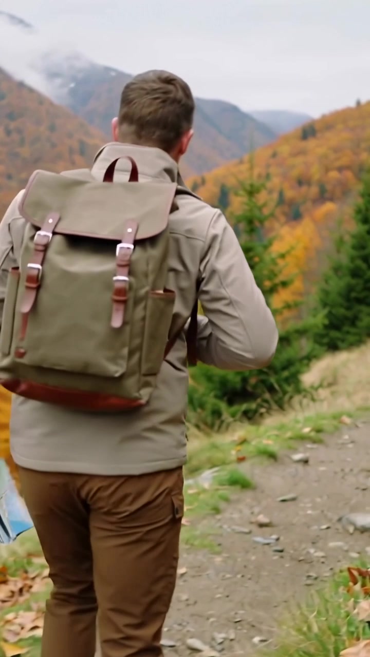 Video verticale: Lettura di una mappa, escursionista di montagna che indossa uno zaino di tela e si dirige verso vette lontane.