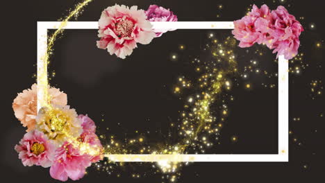 sparkling light trail animation over floral frame with pink and yellow flowers