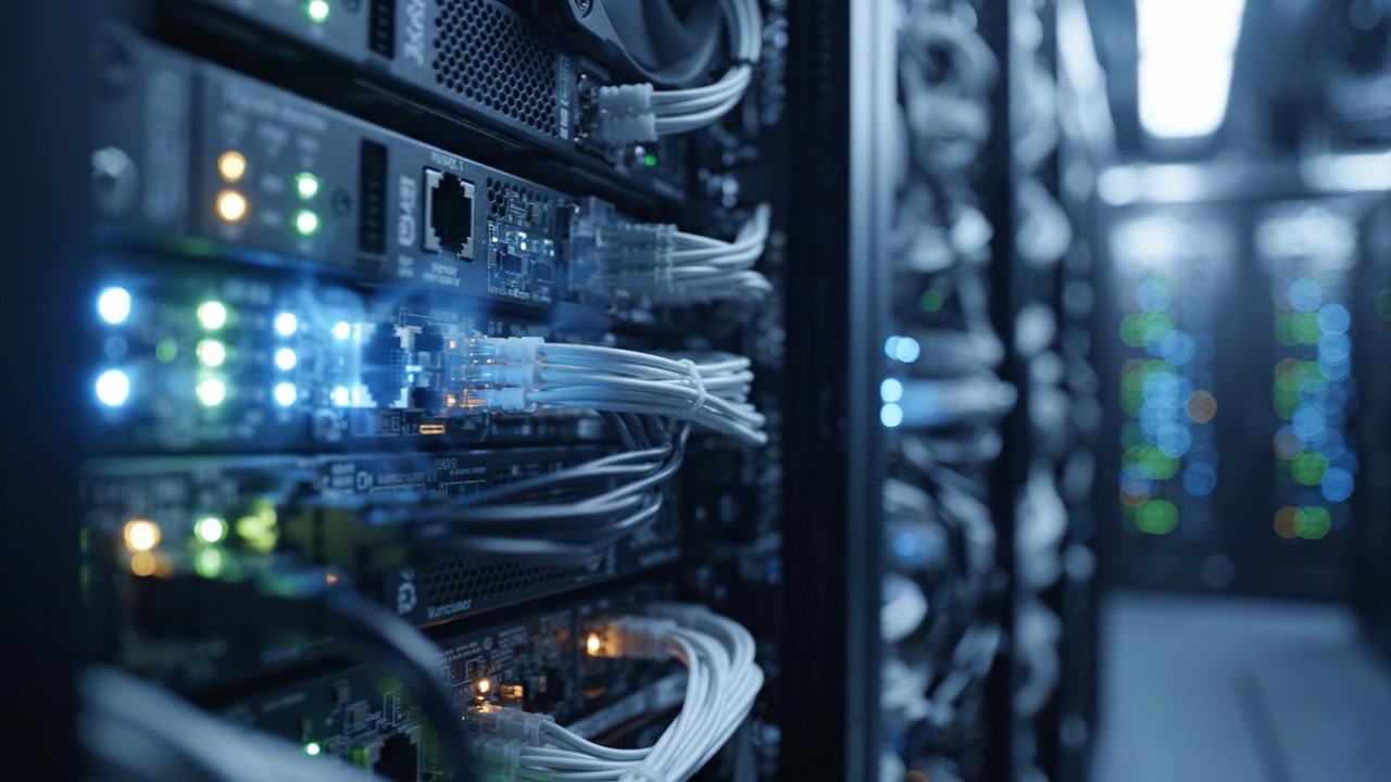 Exploring a High-Tech Data Center: A Close-Up Look at Server Racks and Networking Equipment in a Modern Infrastructure