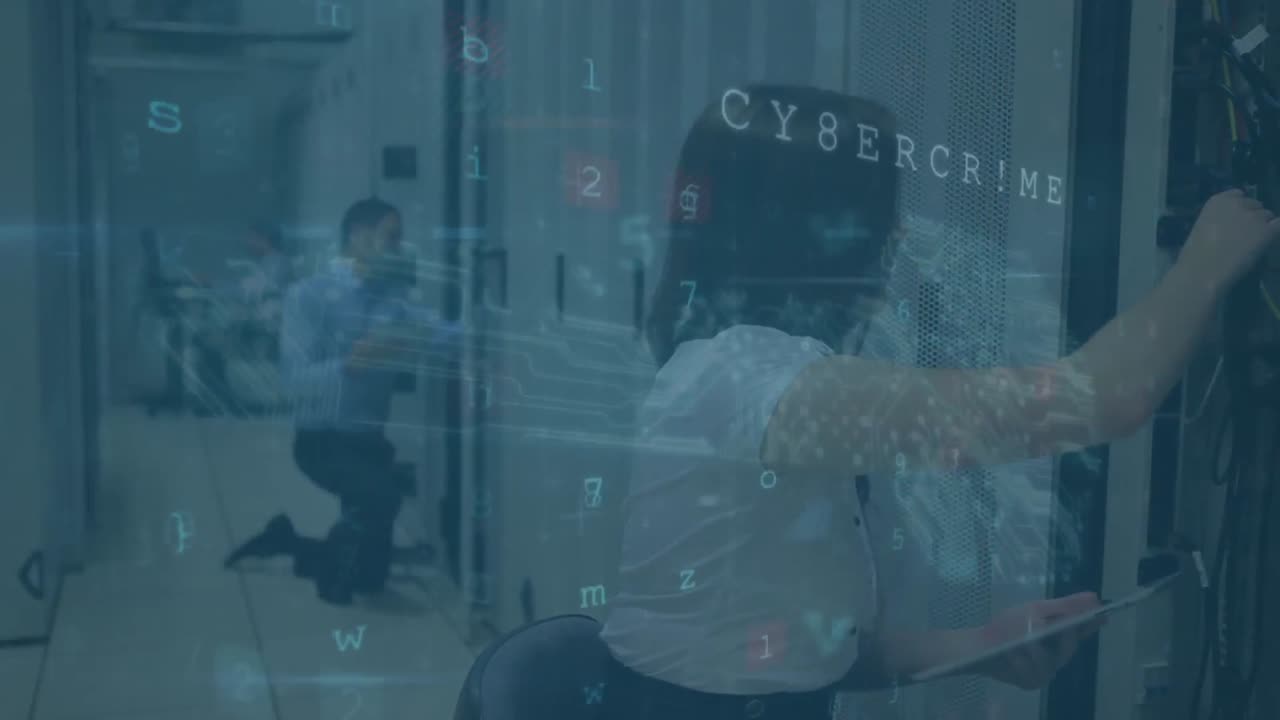 Animation of data processing over diverse people in server room