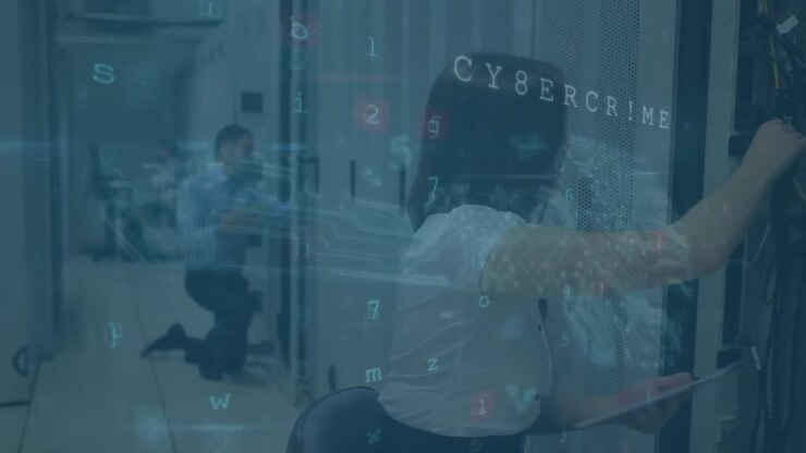 Animation of data processing over diverse people in server room