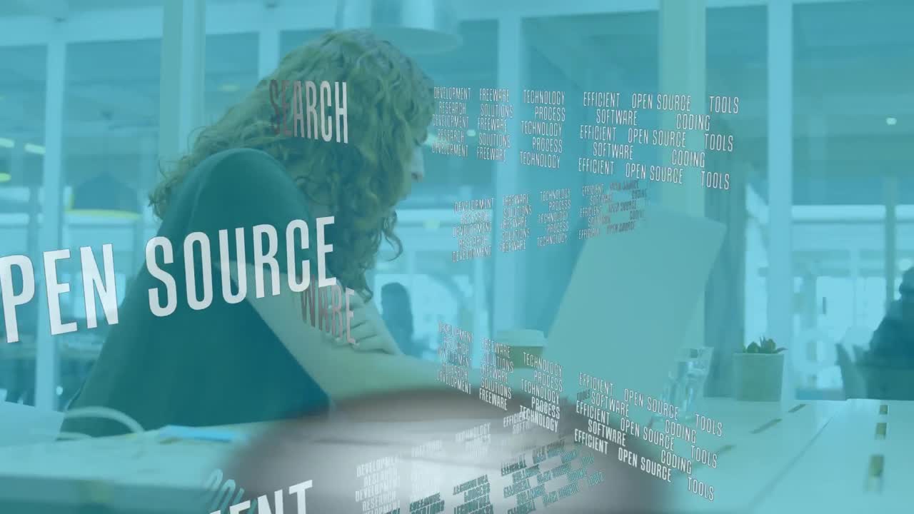 Animation of data processing over businesswoman using laptop