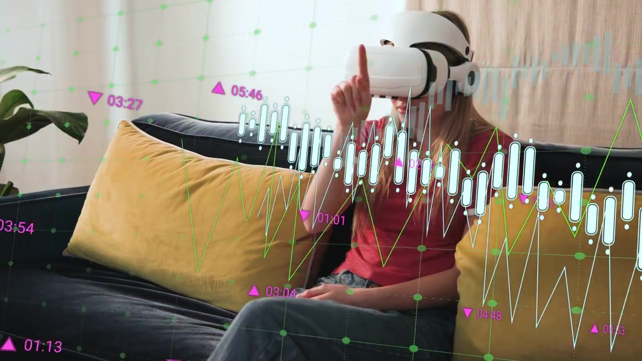 Woman adjusting VR headset and pointing, tracing candlestick charts, green trend lines for finance