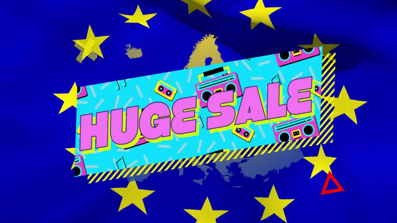 Animation of huge sale text with retro graphics over European Union flag