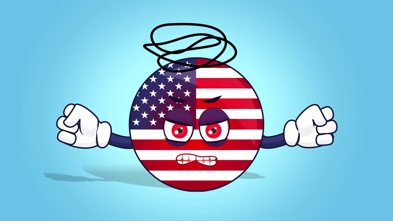 Icona bandiera USA a cartone animato, Stati Uniti d'America malvagi con animazione facciale