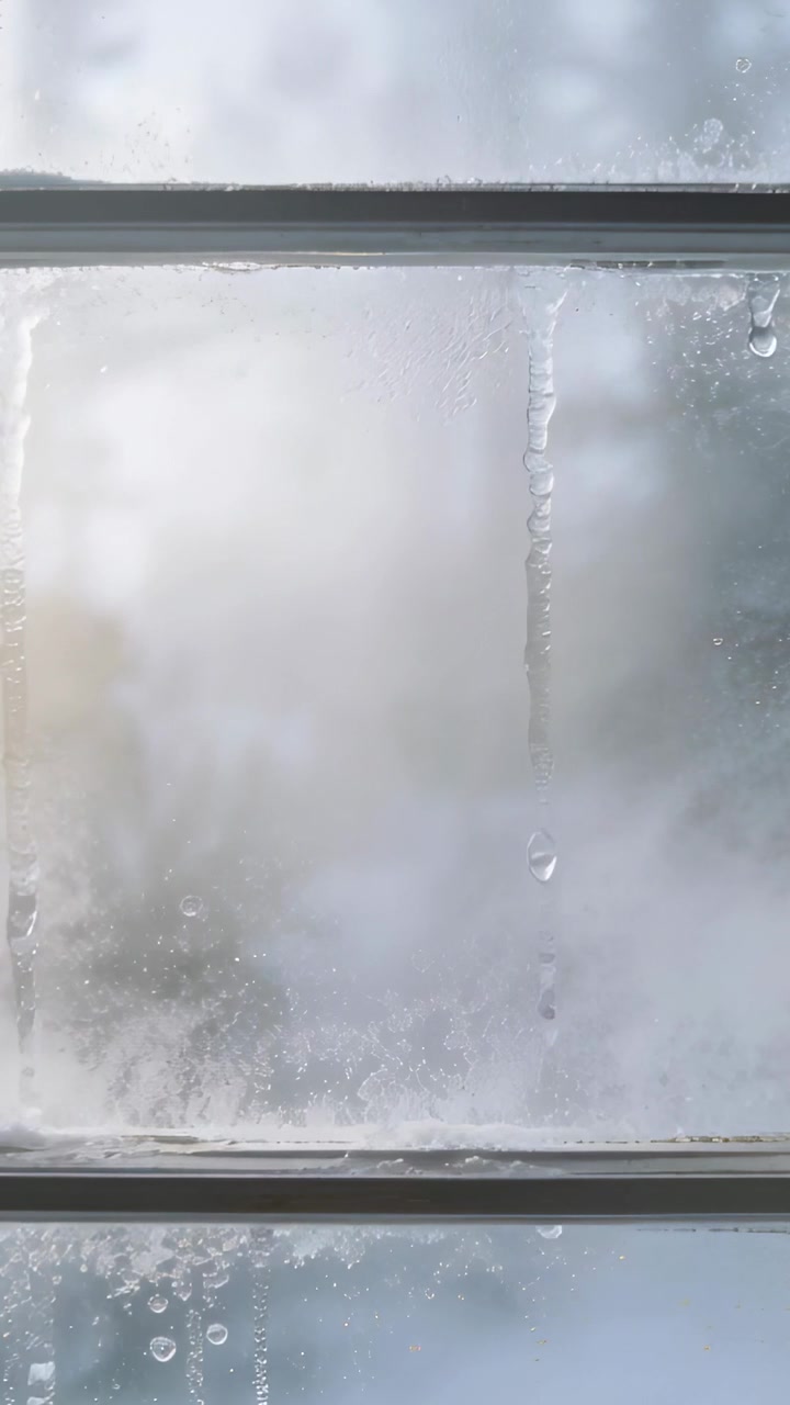 Video verticale: Finestra appannata che condensa per l'aria calda, gocciolando e schiarendosi, ripresa a casa, con cornice.