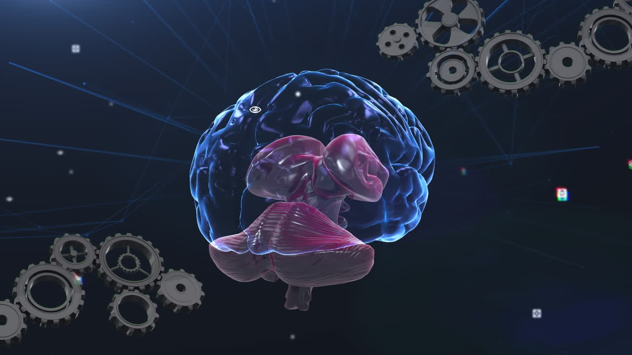 Animation of brain rotating over navy background with cogs