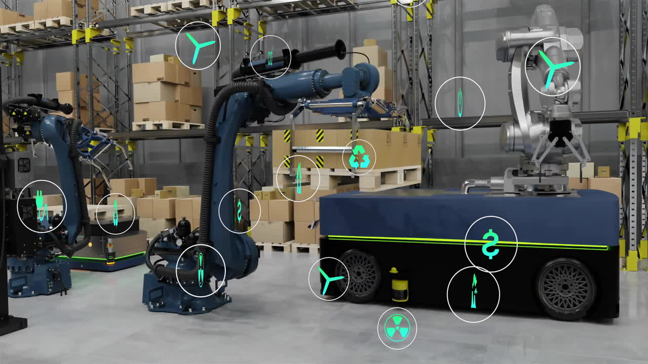 창고에서 기계 위에 생태 아이콘의 애니메이션