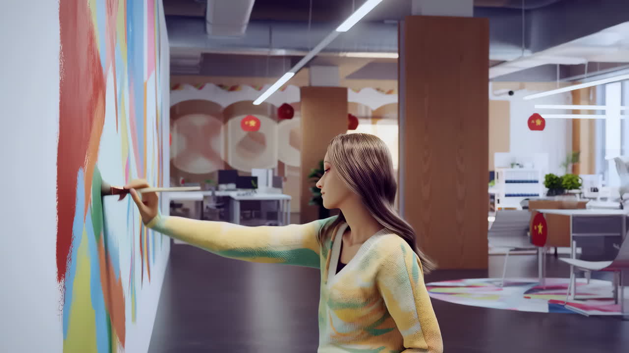Mulher pintando mural colorido em escritório moderno