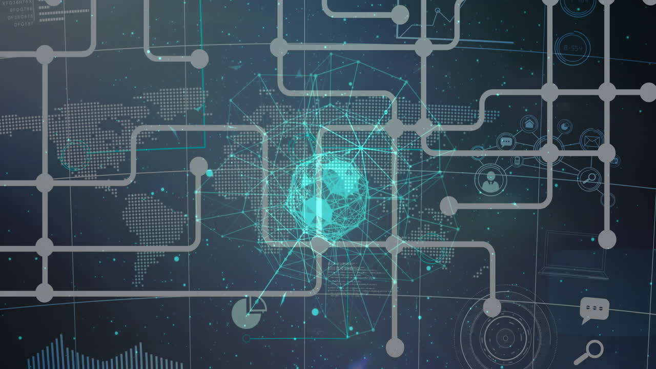 Animation of network of connections over globe and world map