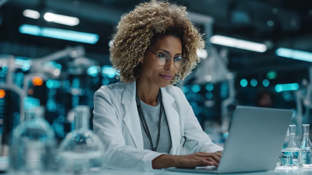 Focused Scientist Working Diligently at a Laptop in a Modern Laboratory Setting with Scientific Equipment and Innovative Technology in the Background