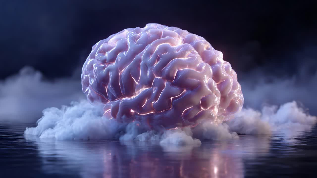 A Captivating Visualization of a Brain Surrounded by Mystical Clouds and Reflected in a Calm Water Surface, Evoking Intrigue and Imagination