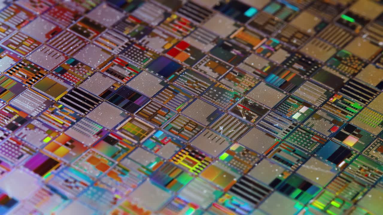 실리콘 반도체 웨이퍼 클로즈업. 전자공학에서, 웨이퍼는 슬라이스 또는 서브스트레이트라고도 불리며, 집적 회로의 제조에 사용되는 반도체, 결정성 실리콘의  ⁇ 은 슬라이스입니다.