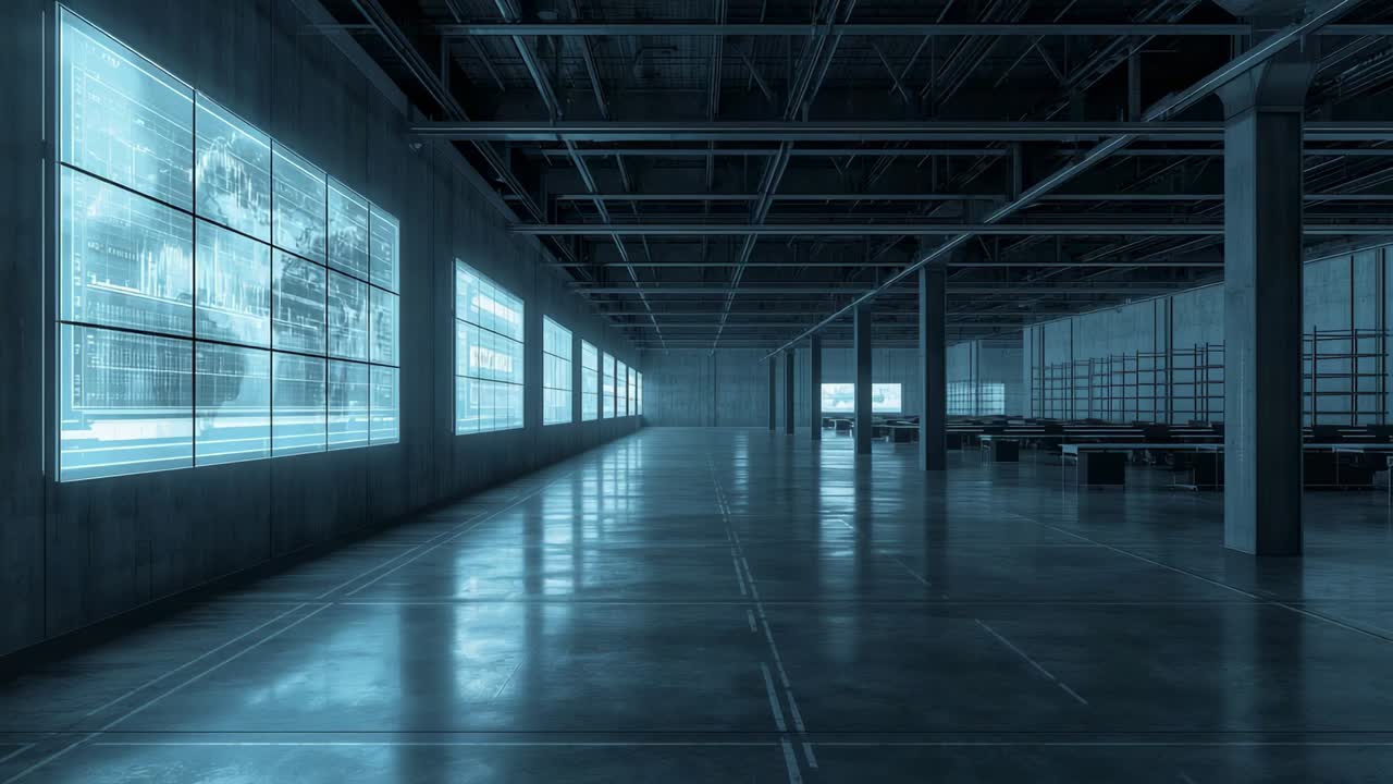 Static view beginning down aisle in industrial hall, showing display panels between support columns
