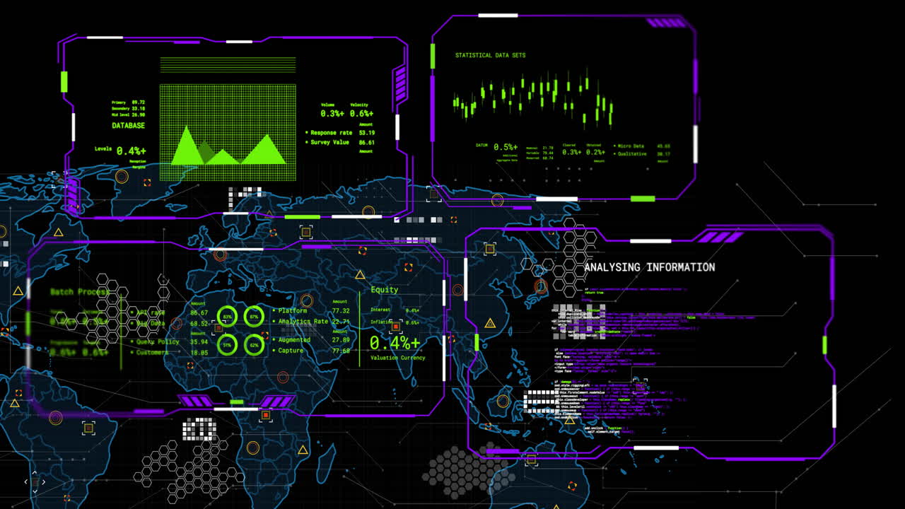 검은색 배경 위의 디지털 데이터 처리 애니메이션