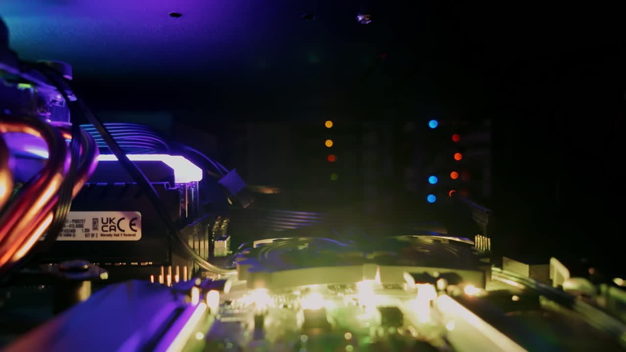 Close up of a server with flashing colourful lights in a data center