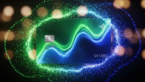 a dynamic visualization of a contactless payment card surrounded by vibrant light waves in green and blue colors, symbolizing modern financial transactions and technology