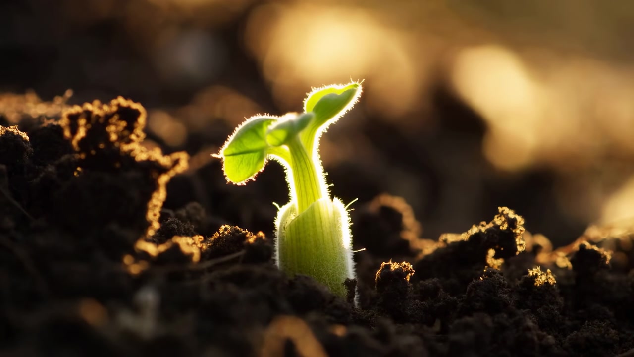 Vista ravvicinata dal basso di una singola piantina verde che emerge da terreno scuro e friabile, con foglie che si schiudono e sottili peli sullo stelo che brillano in controluce caldo, creando una sensazione di nuova crescita e rinnovamento