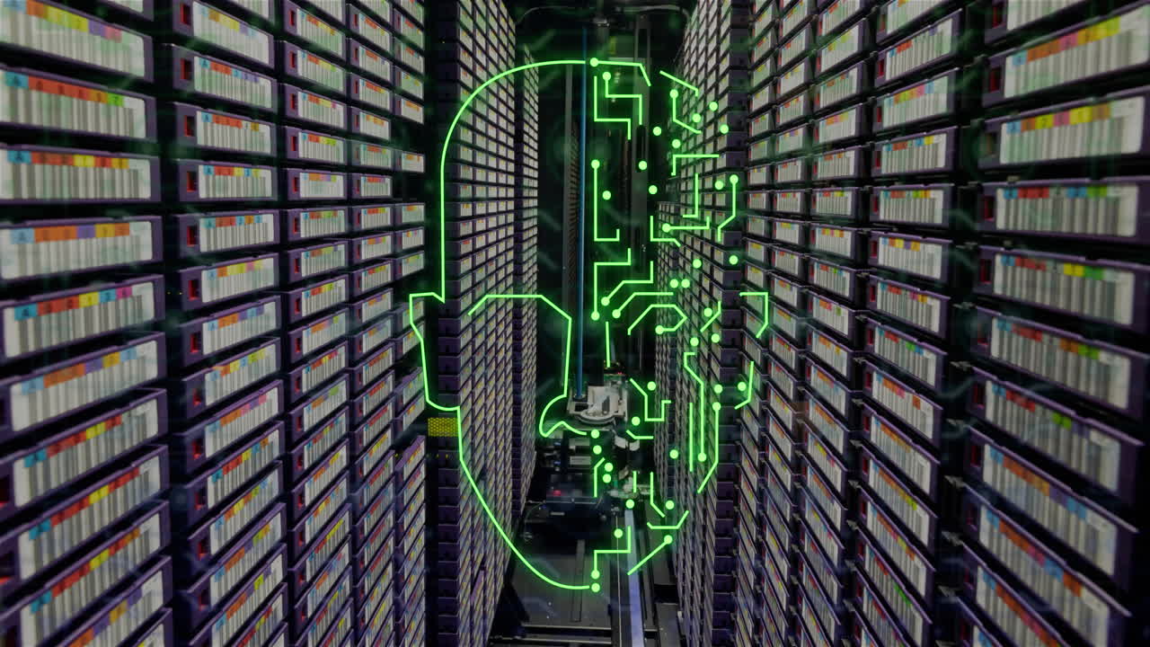 animación de la cabeza humana, conexiones y procesamiento de datos a través de placas de circuitos y servidores