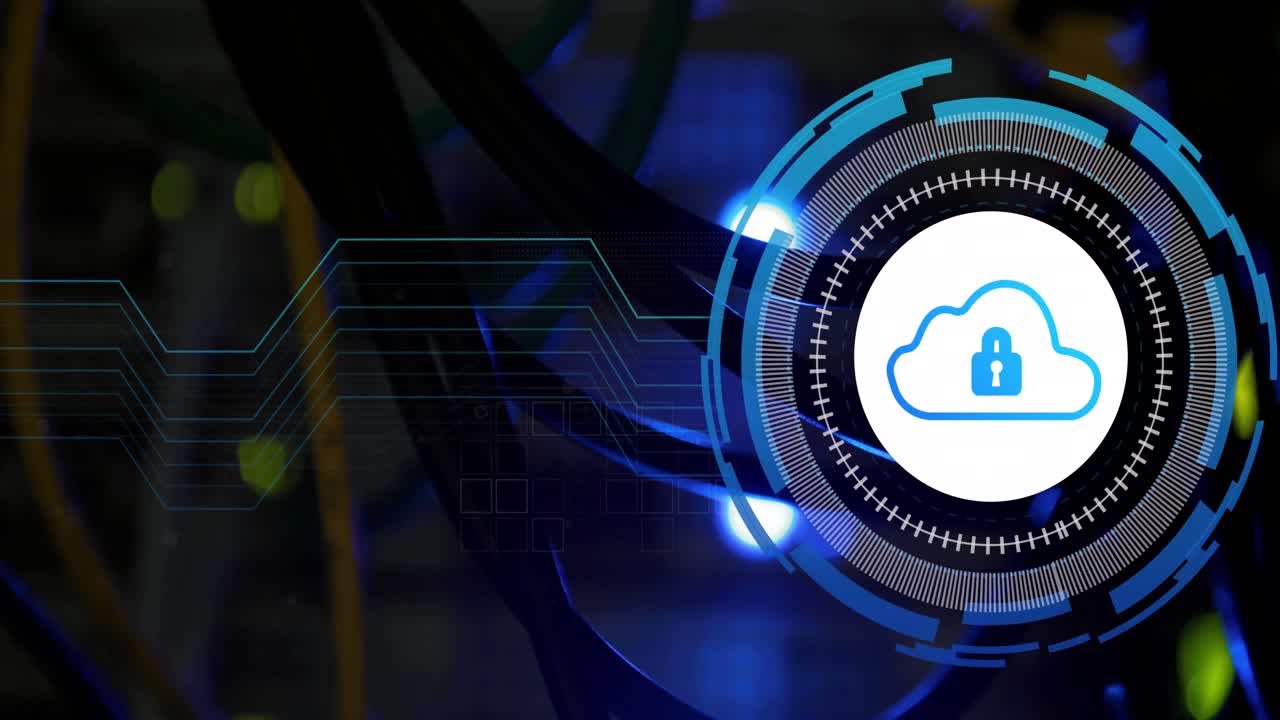 Animation of data processing with cloud icon over server room