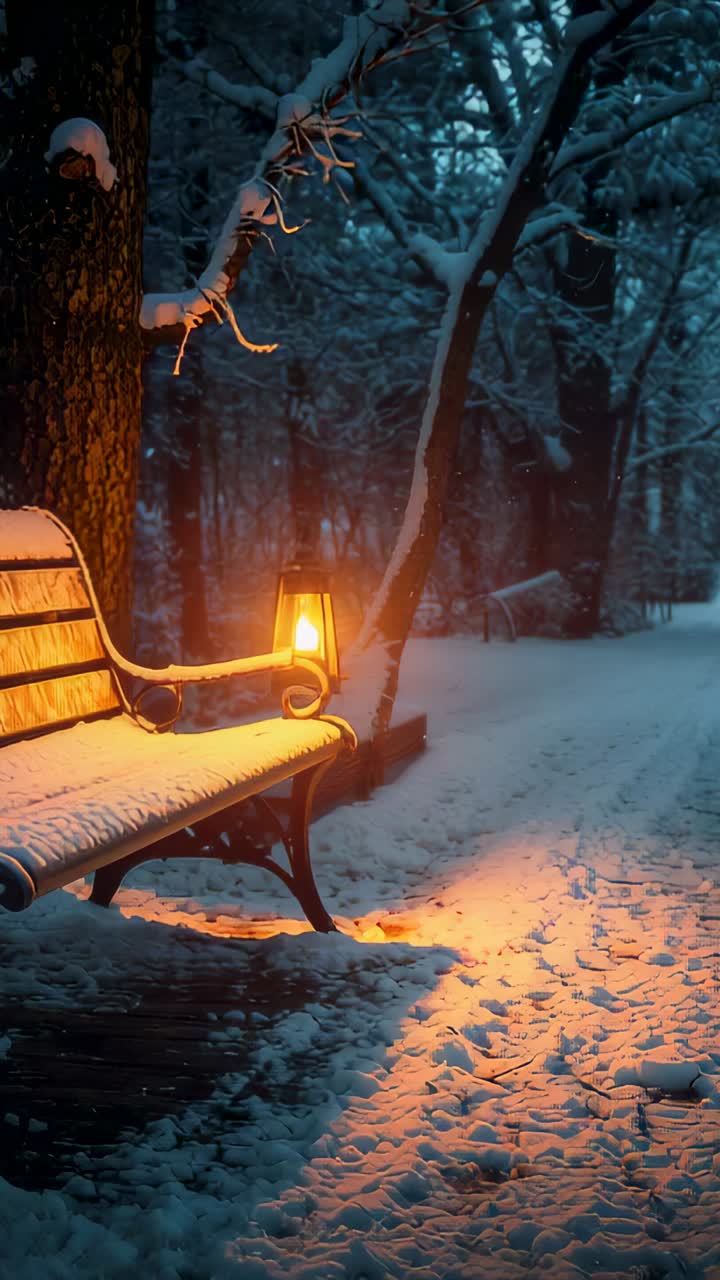 Vertical video: Snowfall causing bench accumulating snow over park path, lantern glowing light