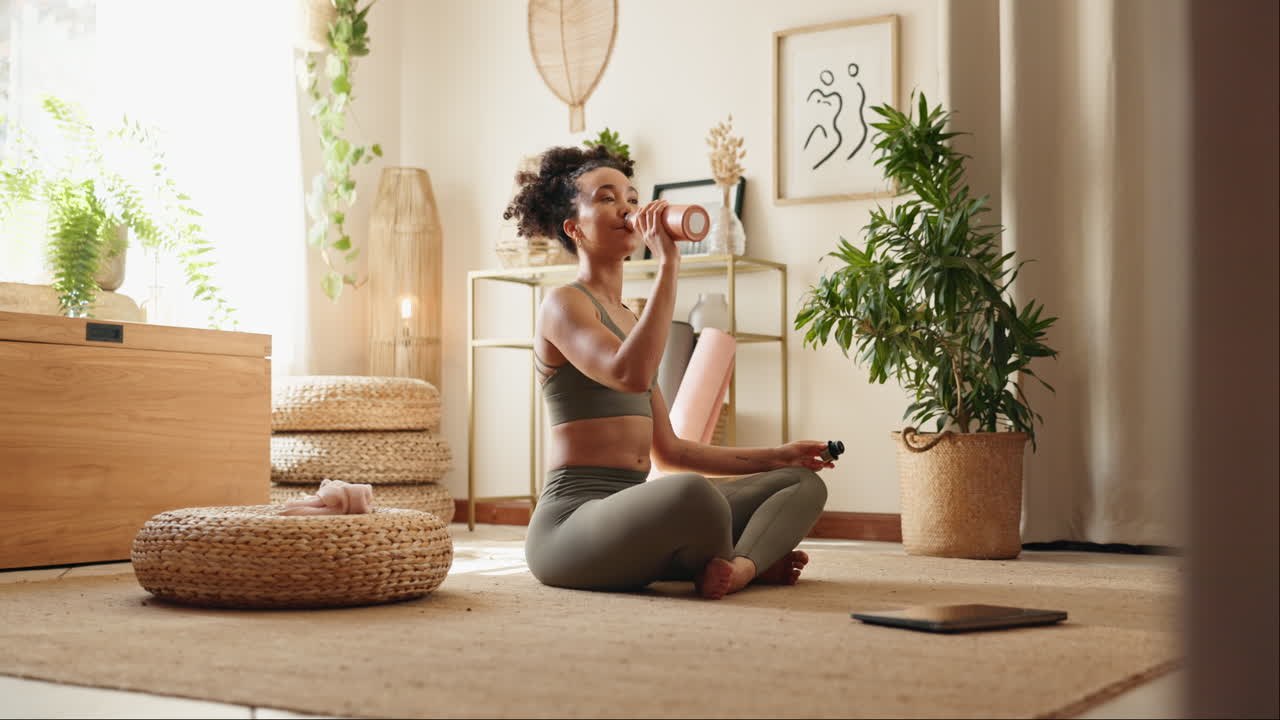 mujer meditando y bebiendo agua en casa