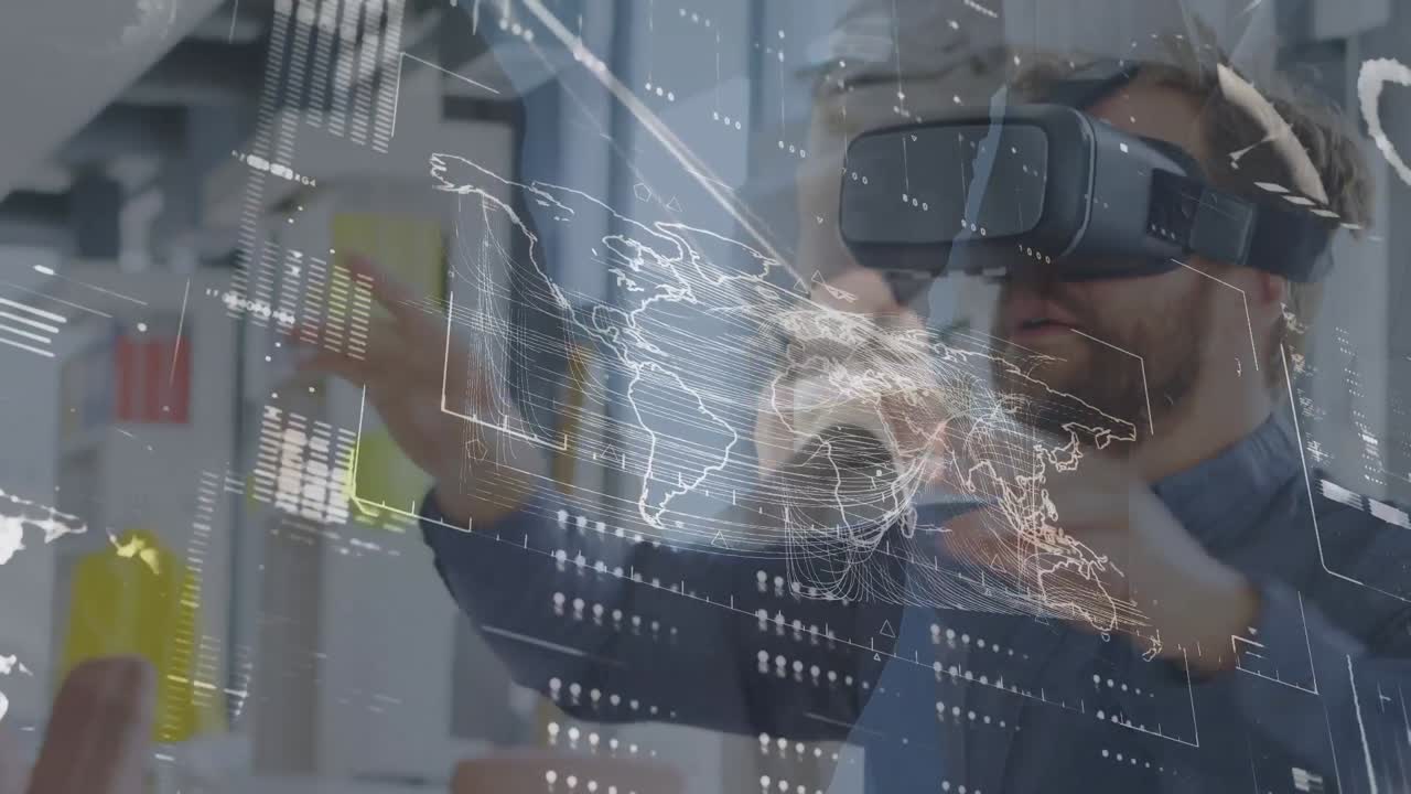 animación de pantalla digital con procesamiento de datos sobre hombre caucásico en auriculares vr