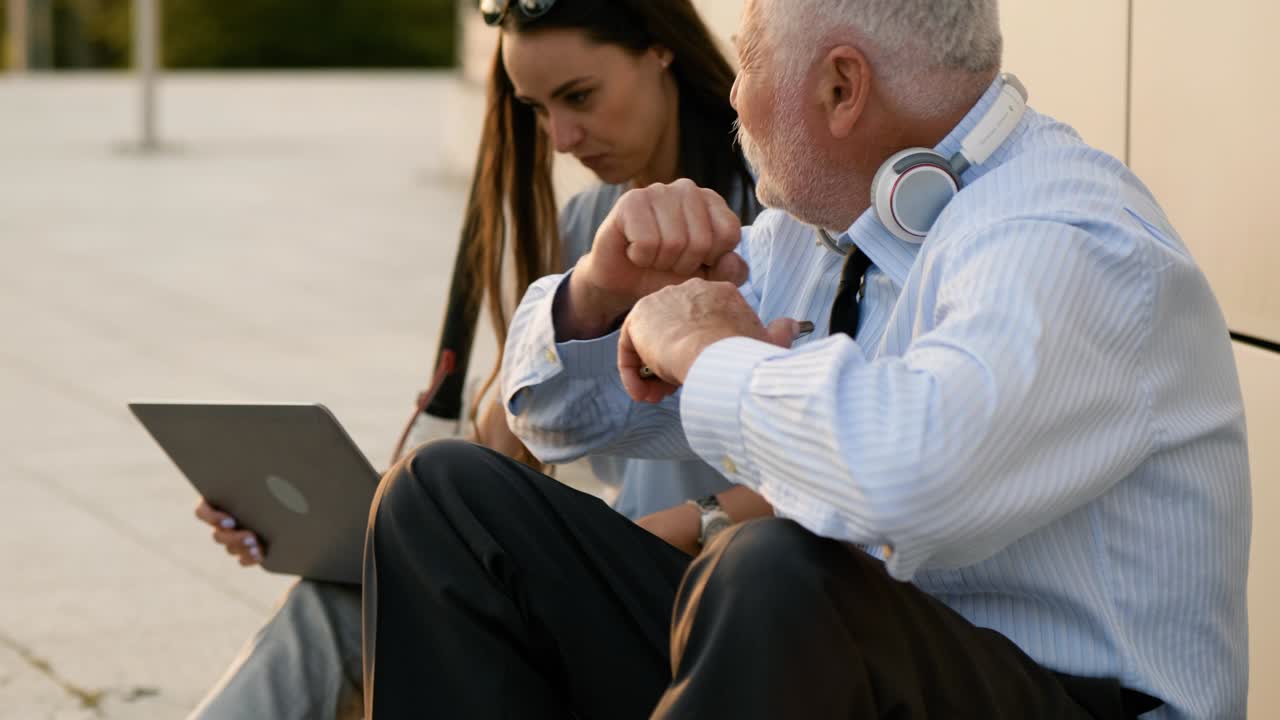 Business people take computer and talk happily outside. Boss and secretary communicate and use laptop sitting on the steps