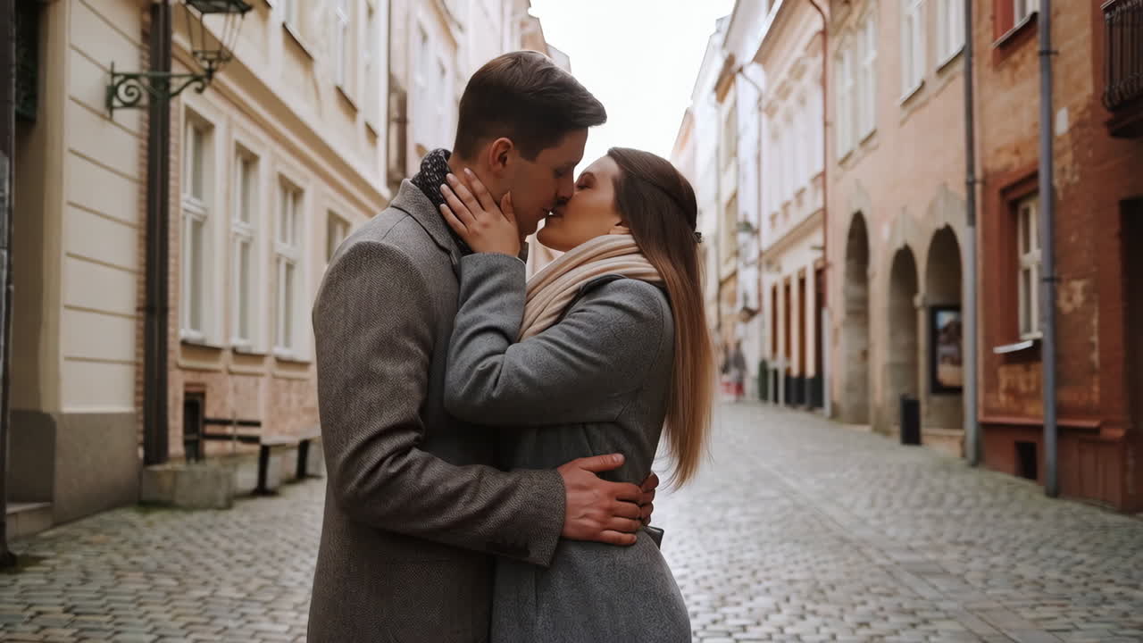 Romantic Couple Kissing on a Cobblestone Street