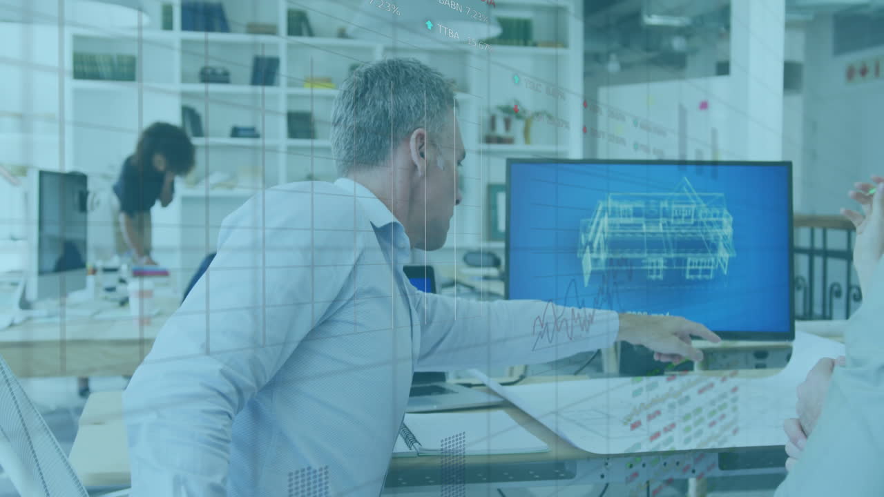 animación del procesamiento de datos financieros en diversos arquitectos en la oficina