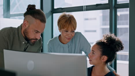 business, computer or team talking