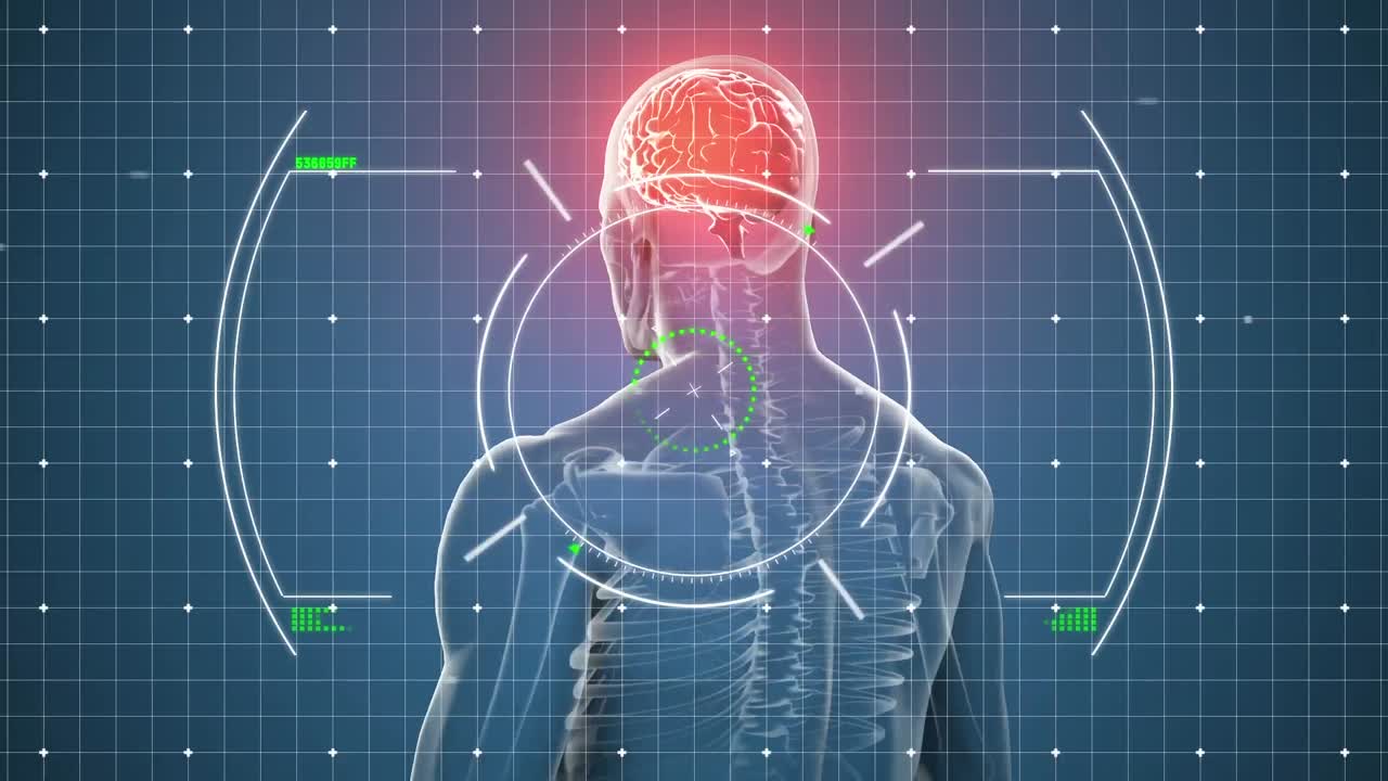 animación del procesamiento de datos sobre el cuerpo humano con un cerebro brillante.