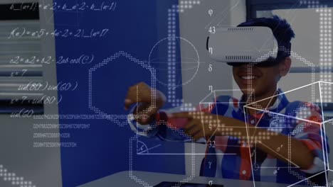 Animation-of-mathematical-equations-over-african-american-schoolboy-using-vr-headset