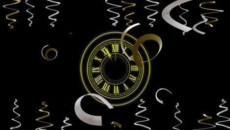 animation of clock showing midnight and party streamers on black background