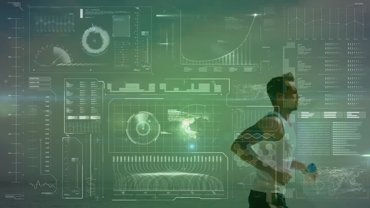 animación del procesamiento de datos sobre el hombre caucásico corriendo en la playa
