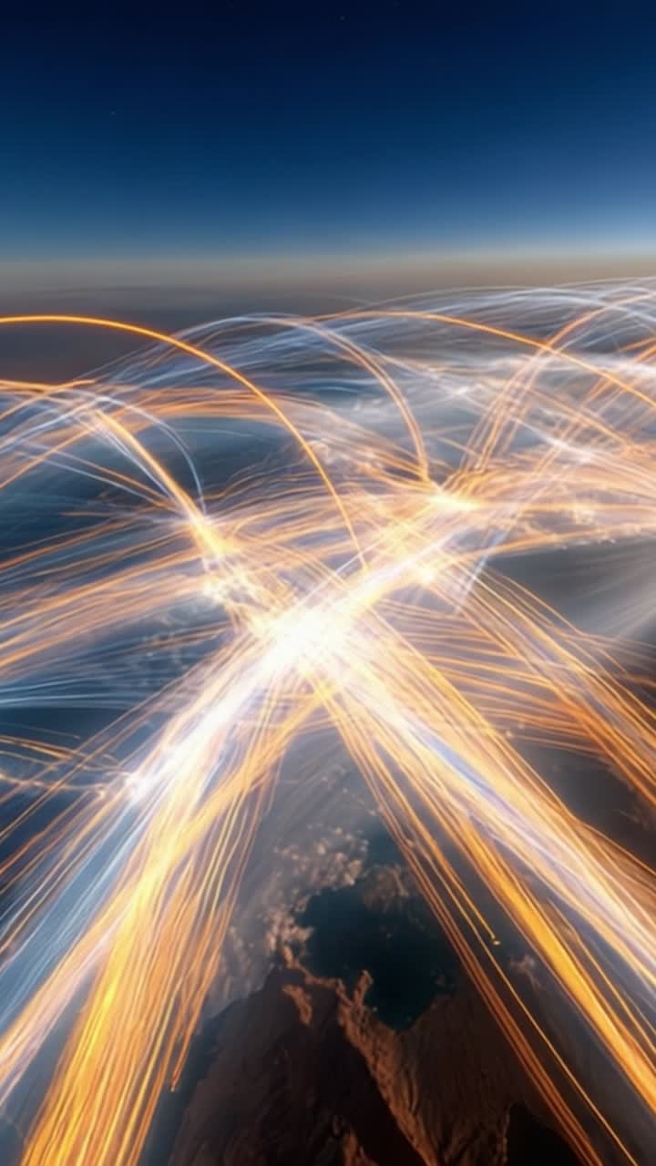Aerial View of Vibrant Light Trails Captured Above the Earth, Illustrating the Dynamic Movement of Energy and Communication Across the Skies