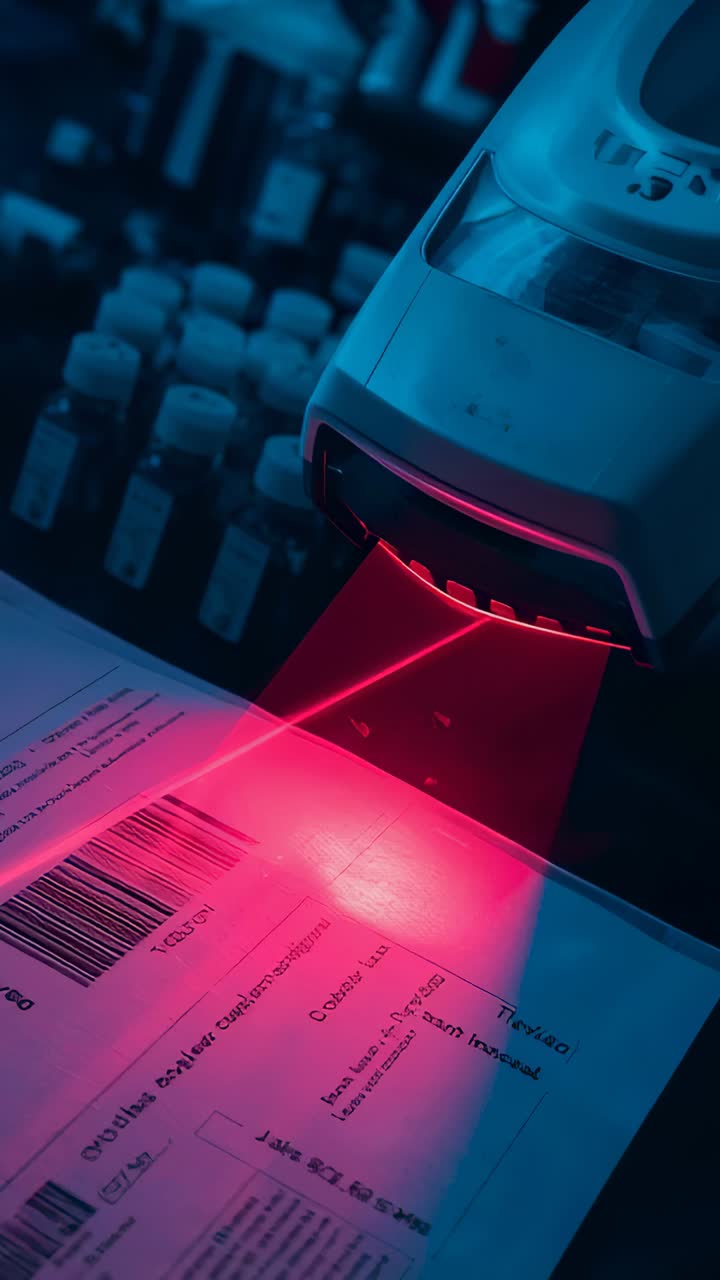 Video verticale: scanner che esegue la scansione inviando un raggio rosso sopra l'etichetta nel laboratorio su una pressa vicino alle fiale, spazio per la copia