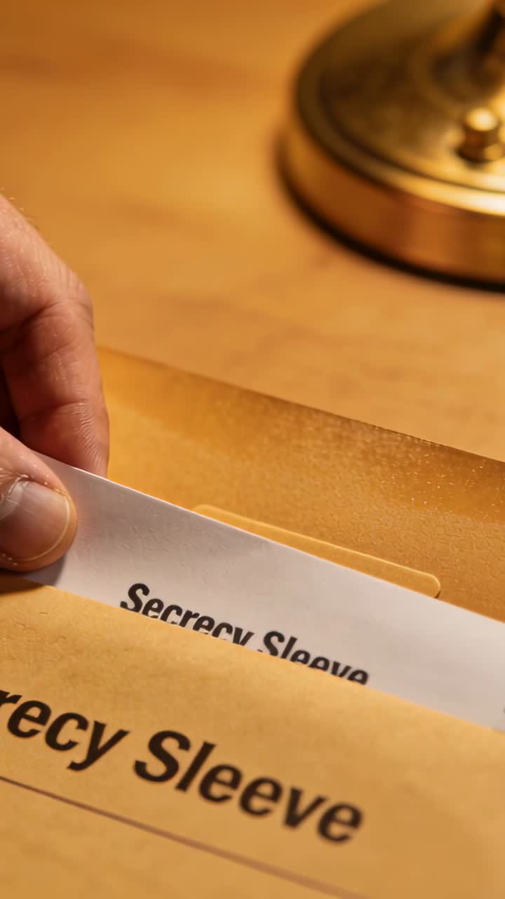 Vertical video: Pulling Secrecy Sleeve from brown envelope at desk, hand appearing revealing text