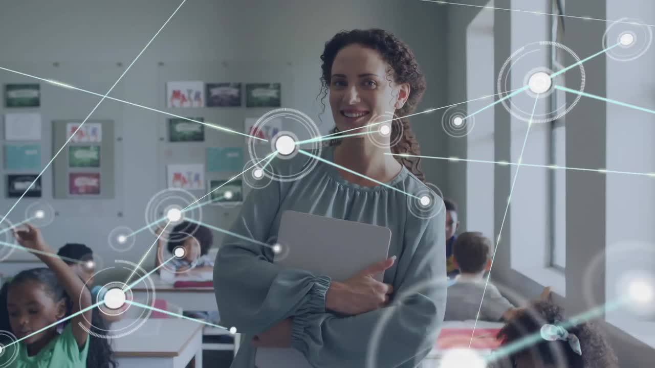 animación de conexiones a través de feliz maestra diversa con tableta y alumnos en clase