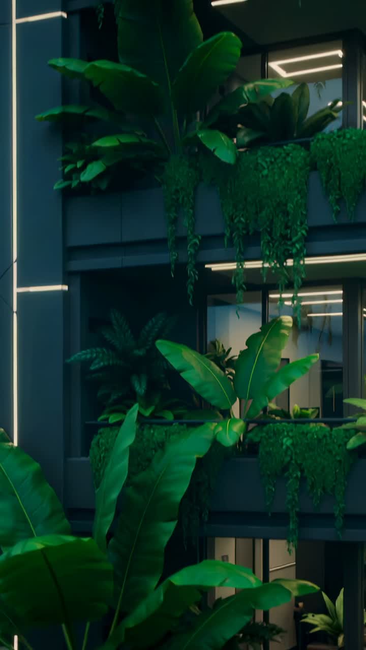 Vertical video: Panning camera over urban facade to reveal pots with plants, vines, doors and LEDs