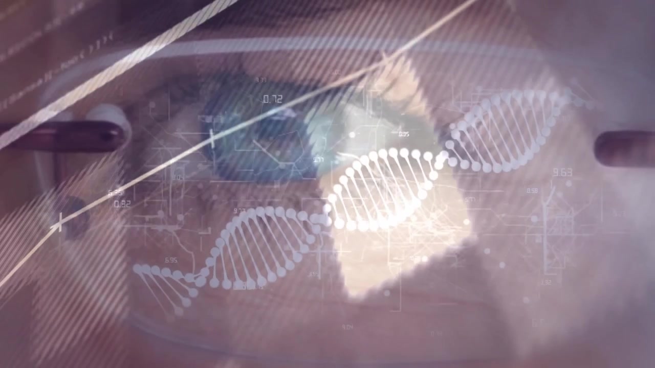 Starting with close-up woman's eye showing overlaid DNA helix grids and graphs presenting analytics