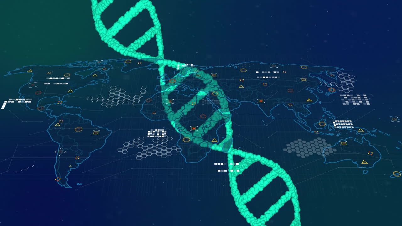 Animation of dna strand over data processing and world map