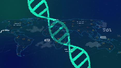 Animation-of-dna-strand-over-data-processing-and-world-map