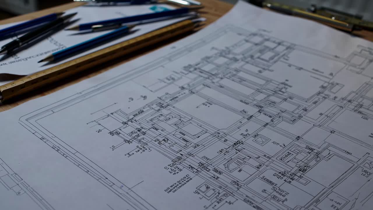 Close-up of architectural blueprints on a desk, shot from a high angle