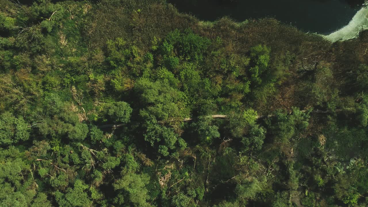 imágenes aéreas de movimiento ascendente a gran altitud de un sendero natural y su entorno más cercano