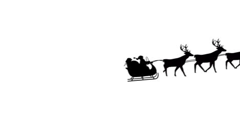 Digital-animation-of-black-silhouette-of-santa-claus-in-sleigh-being-pulled-by-reindeers