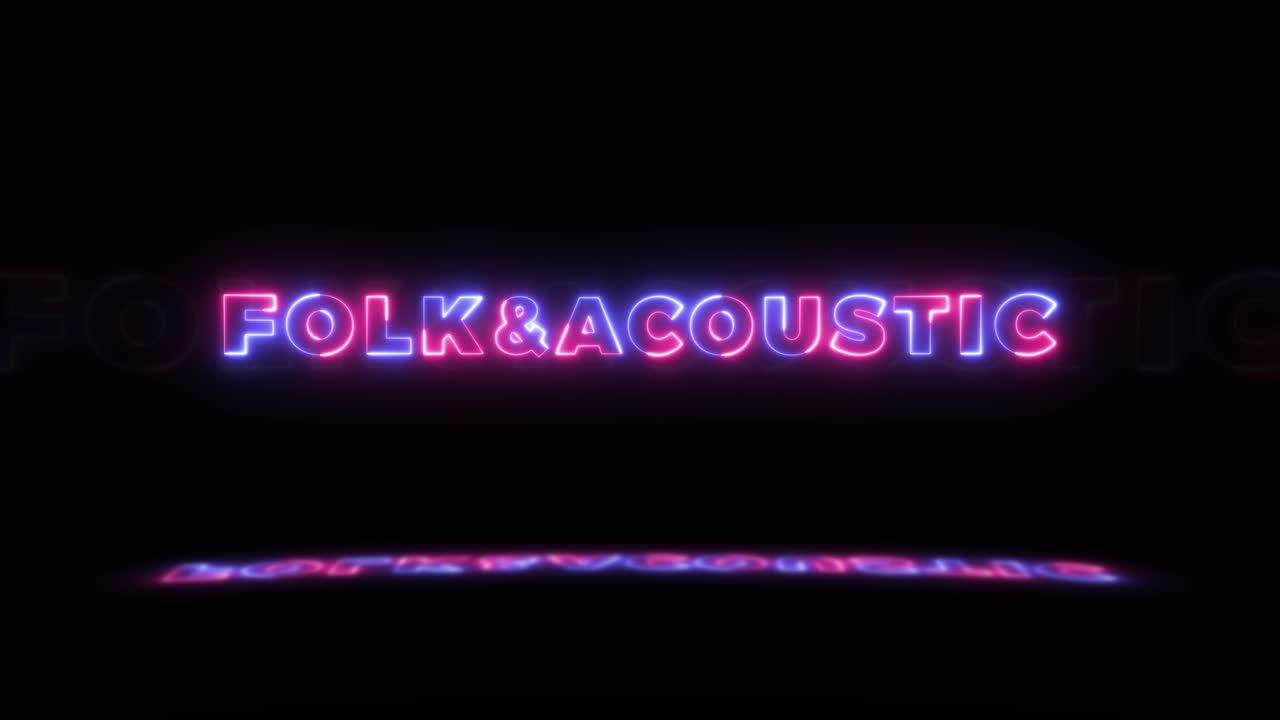 neón brillante palabra 'folk y acústico' en un fondo negro con reflejos en un piso. signos de brillo de neón en gráfico de movimiento de bucle sin costuras
