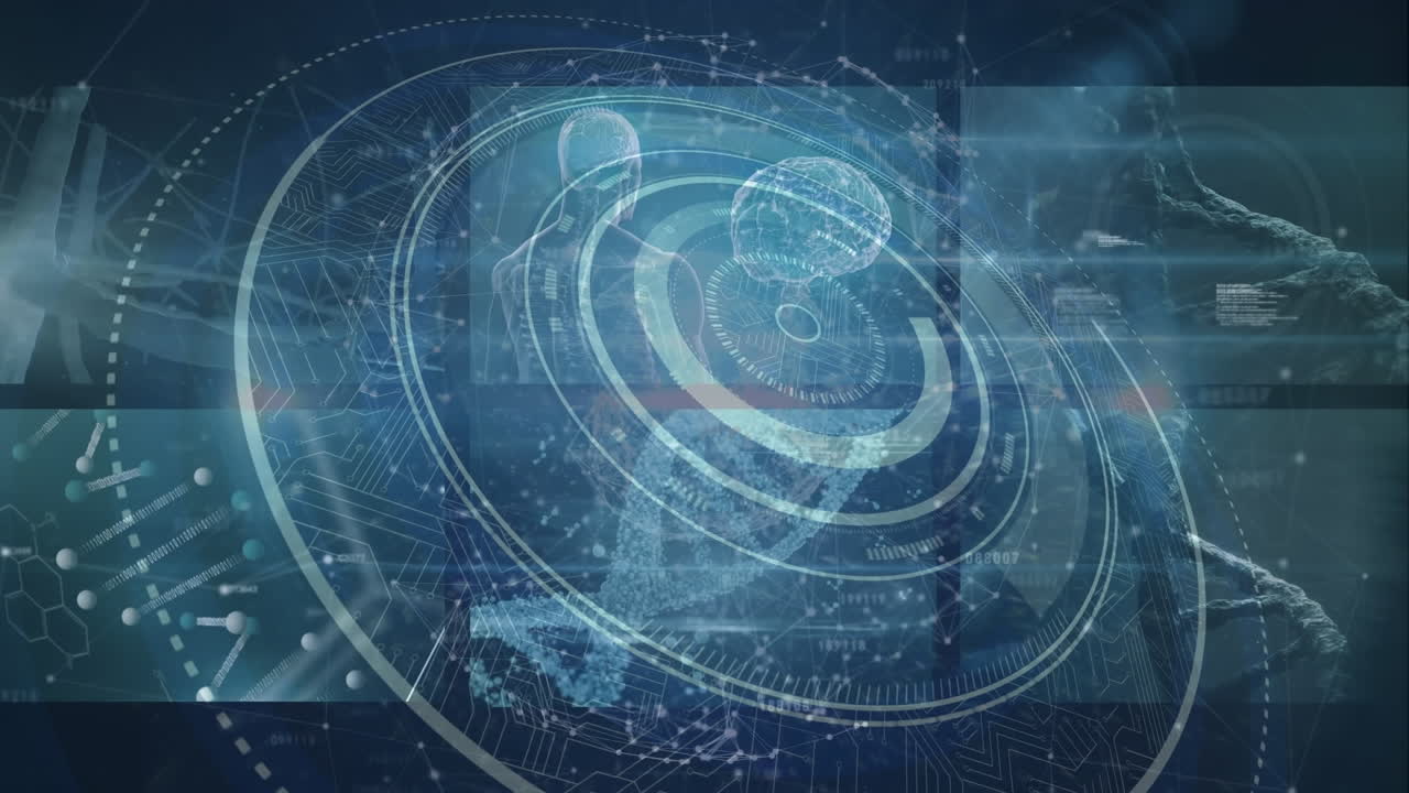 파란색 배경에 의료 데이터 처리를 가진 여러 화면에서 범위 스캔의 애니메이션