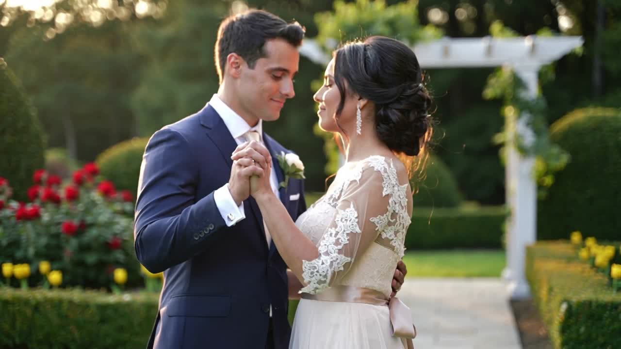 La novia con vestido de encaje y el novio tomados de la mano cerca de una pérgola, bañados por la luz de la hora dorada.